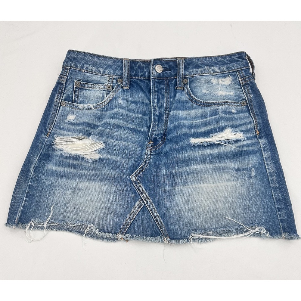 American Eagle Denim Skirt Womens Size 6 Distressed Raw Hem Boho Casual A-Line